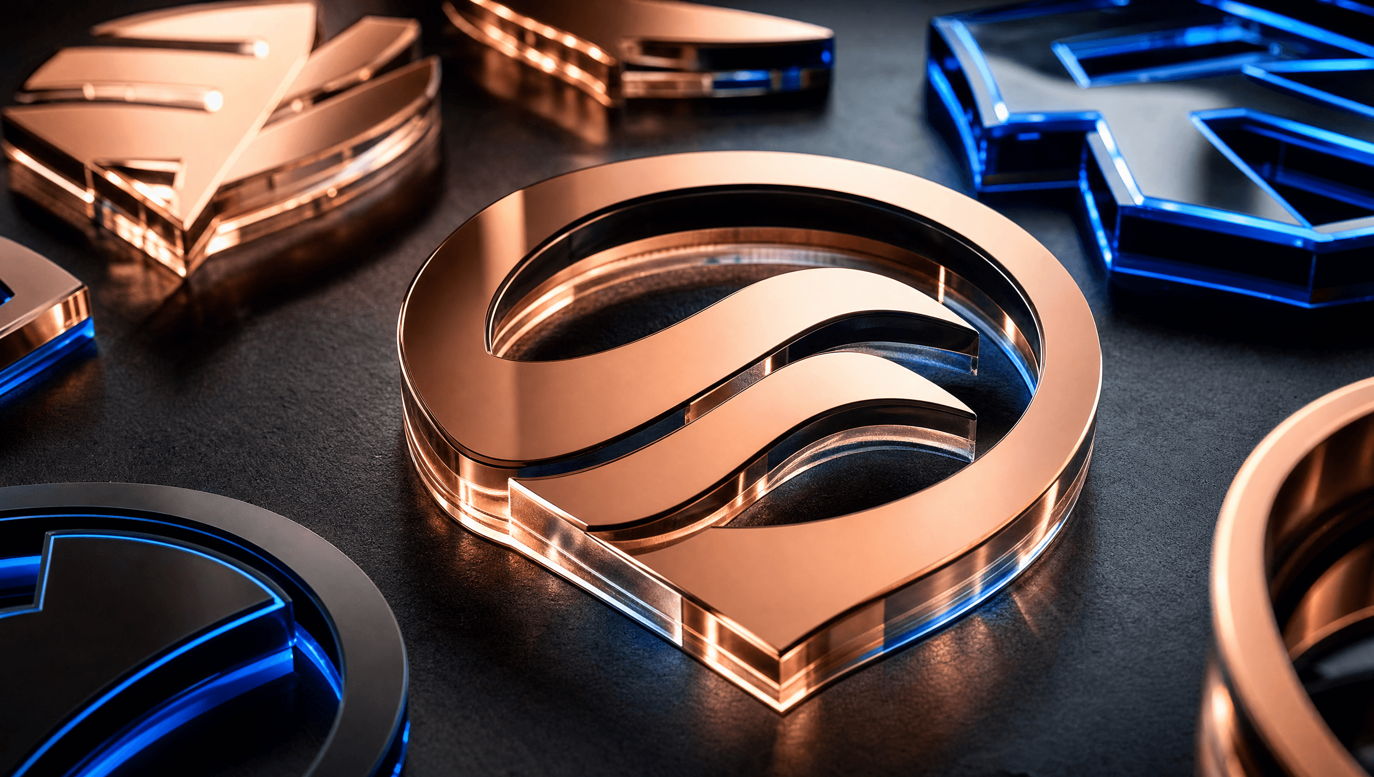 Letreros de acrílico espejo dorado rosa y azul cortados a láser por Luaser