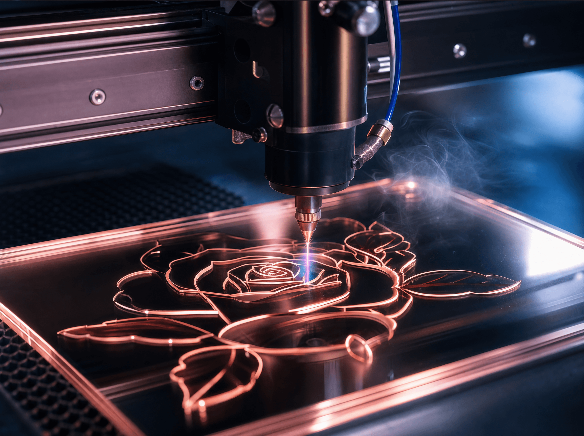 Láser CO2 grabando un diseño de rosa en acrílico